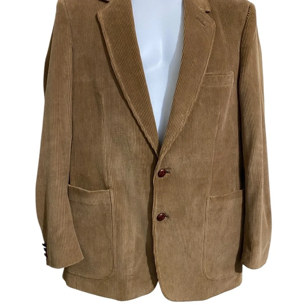 Vintage 1970s Corduroy Blazer Jacket Size‎ 42L Light Brown Tan Pockets Cotton